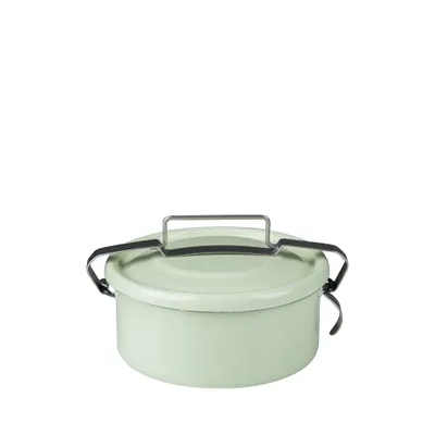 A light green enamel container with a metal handle on a white background.