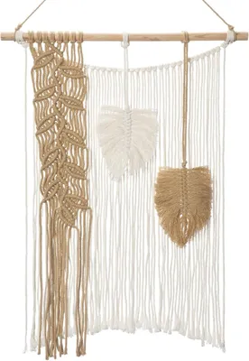 Imagen del producto de Tapiz de macramé con hojas y borlas, de algodón, color caqui, ideal para dormitorios