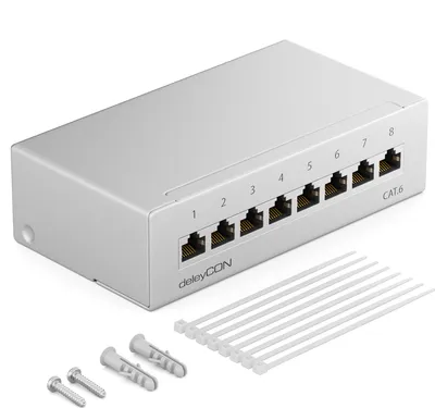 Produktbild von deleyCON CAT 6 Patchpanel Verteilerfeld 8 Port 1HE Desktop & Wandmontage Geschirmt 8x RJ45 Buchse LAN Netzwerk Verlegekabel TIA568A TIA568B RAL 7035 Lichtgrau
