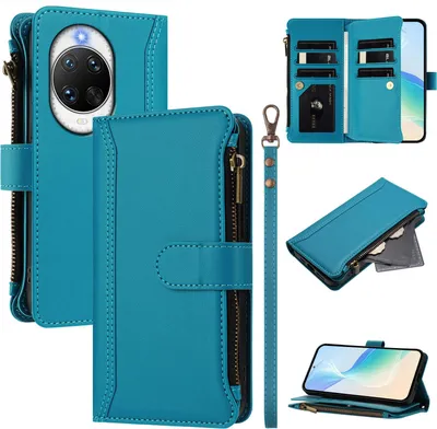 Produktbild von Handyhülle für Huawei Nova 14 Pro Reißverschluss Geldbörse Kunstleder Klapphülle mit Kartensteckplatz, Ständer, Handschlaufe Blau
