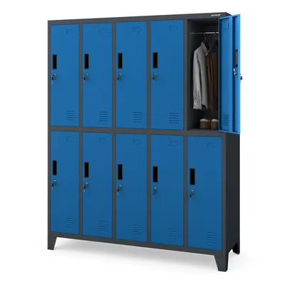 A double-tiered blue metal locker unit with one door open, showing clothes and shoes inside.