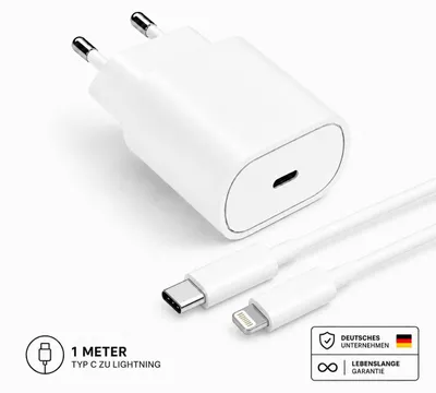 Produktbild von Schnellladegerät Netzteil USB-C Universal 25W mit Ladekabel – Für iPhone, Samsung , etc. – Weiß / Lightning 1 Meter