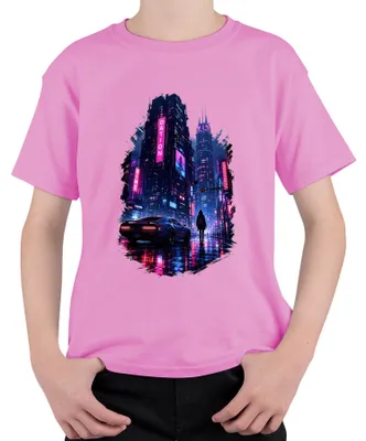 Produktbild von Cyberpunk City Future Neon Auto Regen Nacht Japan Y2K Synthwave Kinder T-Shirt, Pink, 128