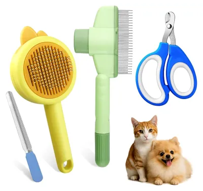 Produktbild von Krallenschneider für Haustiere mit 2 Katzenhaarentfernern und 1 Krallenfeile für Hunde, geeignet für alle Hunde und Katzen