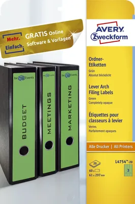 Immagine prodotto di Avery Zweckform® L4754-20 Etichette per cartelle - larghe/lunghe, (A4 - 20 fogli) 60 pezzi, verde