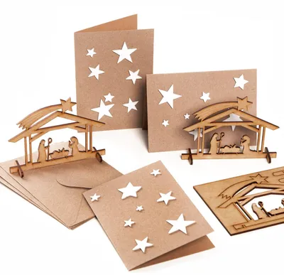 Produktbild von 3 Weihnachtsgrußkarten mit Sternen + Weihnachtskrippe aus Holz