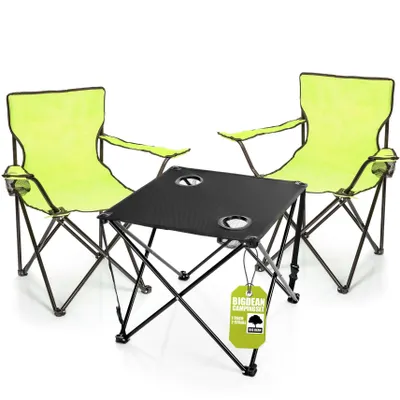 Produktbild von BigDean 2 Stück Campingstuhl mit Campingtisch faltbar – Faltstuhl in Neon Grün mit Getränkehalter & Tragetasche ideal für Camping, Festival & mehr