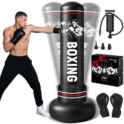 Produktbild von Bokssäcke für Erwachsene, 75"/190 cm, freistehend, mit Boxhandschuhen und Luftpumpe, aufblasbarer Boxsack für Karatetraining, MMA, Muay Thai