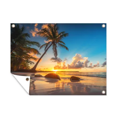 Obrázek produktu pro MuchoWow® Zahradní plakáty - Pláž - moře - palma - západ slunce - 90x120 cm - Zahradní dekorace