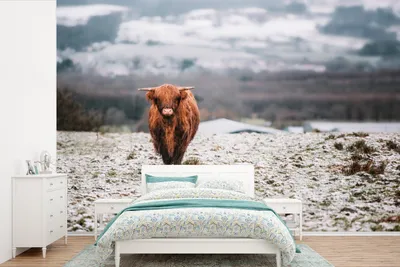 Produktbild von MuchoWow® Fototapete für Wohnzimmer oder Schlafzimmer Wandtapete Vinyl Motivtapete Schottischer Highlander - Schnee - Berg - 390x260 cm - Papiertapete