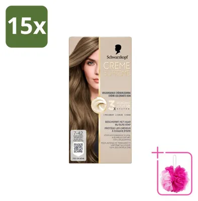 Imagen del producto de 15 unidades de tinte permanente Schwarzkopf Creme Supreme, tono 7-42, color rubio beige claro, pack económico