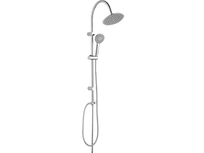 A chrome shower column with a rain shower head and a handheld shower head.