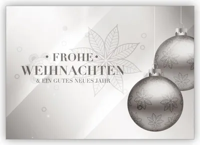 Produktbild von 4x Klassische edle Weihnachtskarte mit Weihnachtskugeln in silber Optik: Frohe Weihnachten und ein gutes neues Jahr