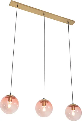 Produktbild von QAZQA - Art Deco Art Deco Hängelampe I Pendellampe I Pendelleuchte Messing mit rosa Glas 3-flammig-Licht - Pallon Mezzi I Wohnzimmer I Schlafzimmer - Länglich - LED geeignet E27