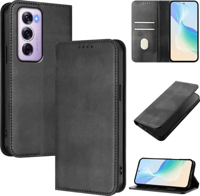 Immagine prodotto di Custodia per Oppo Reno12 Pro, custodia in pelle vintage con protezione RFID, slot per carte, supporto Nero