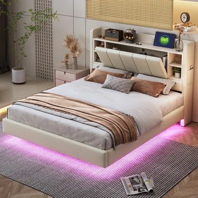 A bedroom scene featuring a modern bed with integrated storage and LED lighting.