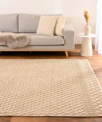Productafbeelding van Unyqoos® katoenen vloerkleed Nordland (Nordic Weavers), 200x300 cm, ivoorwit – handgeweven, geometrisch 3D-patroon