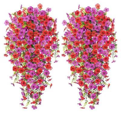 Produktbild von 2 Stück künstliche, hängende violette Blumen, UV-beständig, realistische Kunstseidenblumen, für Hochzeiten, Partys, drinnen und draußen, Garten, Wanddekoration.