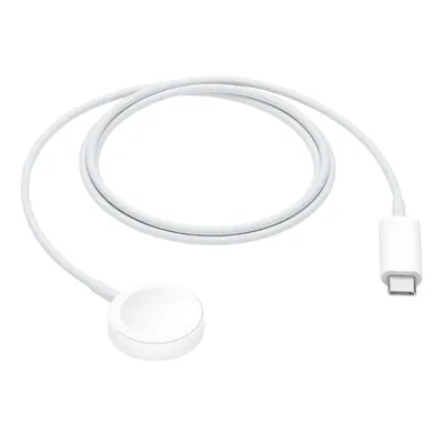 A white Apple Watch charging cable with a USB-C connector is laid out on a white background.