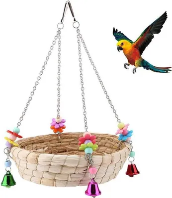 Produktbild von Vogelspielzeug für Papageien, Vogelnest für Papageien, Nestschaukel aus Stroh, handgewebt, natürlich, mit 4 Metallglocken, Schaukel für Vögel, Papagei