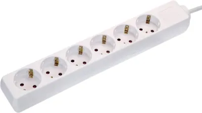 A white power strip with six outlets is shown against a white background.