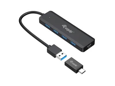 Produktbild von Equip 4-Port-USB-3.2 Gen 1-Hub und Adapter für USB-C, USB 3.2 Gen 1 (3.1 Gen 1) Type-A, USB 3.2 Gen 1 (3.1 Gen 1) Type-A, 5000 Mbit/s, Schwarz, 0,15 m, China