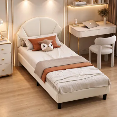 Imagen del producto de Cama tapizada INONEFT de 90x200 cm con cabecero con diseño de flores, cama individual para jóvenes con somier, cama para niños de terciopelo, color beige