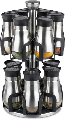 Produktbild von Relaxdays Gewürzkarussell, 12 Gewürzgläser, Edelstahl & Glas, drehbar, spülmaschinenfest, Gewürzständer, silber/schwarz