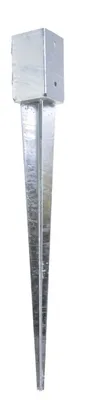 A single galvanized steel ground spike with a square top bracket, shown against a white background.