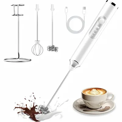 Produktbild von Milchaufschäumer Elektrisch 3 Gänge, USB Wiederaufladbar ​Milchschäumer mit 2 Gerätekopf und 1 Halterung, geeignet für Kaffee, Cappuccino, weiß