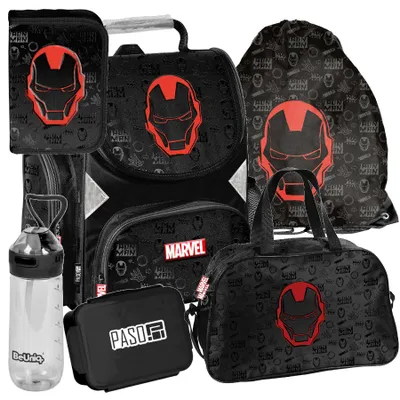 Produktbild von Schulranzen 6-tlg. Set für Mädchen & Jungen IRON-MAN Marvel – Paso Ranzen, Mäppchen, Tasche, Flasche, Frühstückstasche
