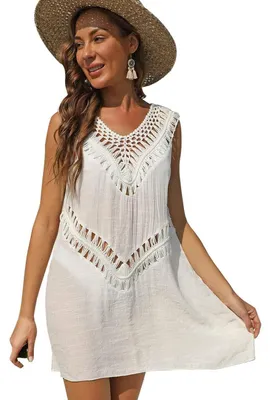 Productafbeelding van XFSRG Strandjurk voor dames, bikini-cover-up, gehaakt strandkleed, mouwloos, V-hals