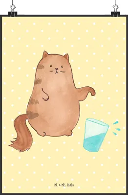 Produktbild von Mr. & Mrs. Panda Bild Katze Wasserglas DIN A2 - Gelb Pastell - Geschenk, Kunstdruck, Katzen, Wandbild, Cat, Posterdruck, Cats, wanddeko, Plakat, Wasser