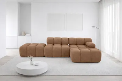 Image de Canapé d'angle modulaire   avec pouf, canapé en L, tissu velours Salvador, beige foncé, droite, Selia