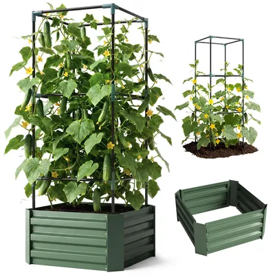 Produktbild von Outsunny Hochbeet mit Rankhilfe, Blumenkasten mit Offenem Boden, Stahl, Grün