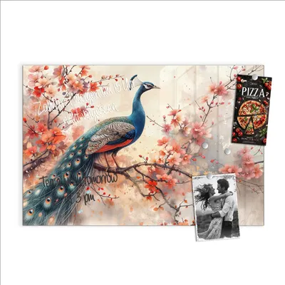 Produktbild von Magnettafel 90x60cm Pinnwand Whiteboard beschreibbar - Pfau und Blüten