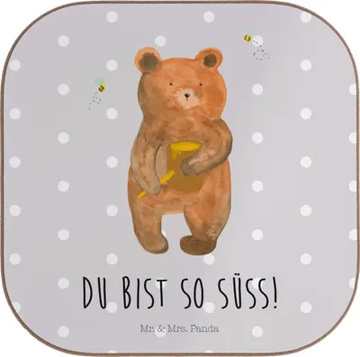 Produktbild von Mr. & Mrs. Panda Untersetzer für Gläser Bär Honig - Grau Pastell - Geschenk, Liebe, Honigbär, Tasse, Tassenuntersetzer, Teddy, gläseruntersetzer, Coaster, Holzuntersetzer