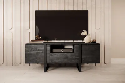 Zdjęcie produktu dla Szafka RTV loft 150 cm z wnęką i szufladą czarny beton czarne nóżki Verica
