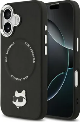 A black iPhone case with a Choupette pin and Karl Lagerfeld branding is shown next to an iPhone.