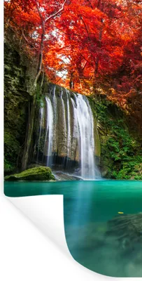 Produktbild von MuchoWow® Wandtattoo Wandsticker Wandaufkleber Wasserfall - Baum - Rot - Herbst - Wasser 80x160 cm Selbstklebend und Repositionierbar - Sticker - Dekorfolie
