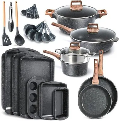 Image de Set d'ustensiles de cuisine en granit avec revêtement antiadhésif - Écologique et résistant au four