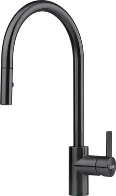 A black kitchen faucet against a white background.