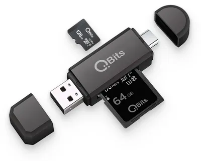 Produktbild von Qbits SD/Micro SD Kartenleser USB-C OTG Adapter und USB 2.0 Kartenlesegerät für Speicherkarten SDXC, SDHC, SD, MMC, RS-MMC, Micro SDXC, Micro SD, Micro SDHC Karte und UHS-I Karten