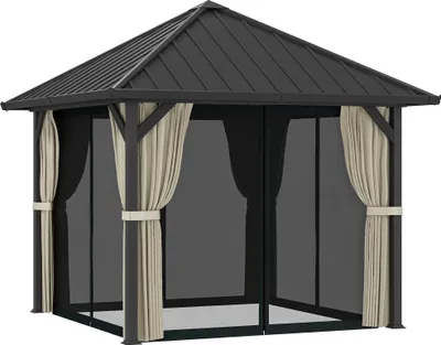 Produktbild von 3 x 3 m Hartdach-Pavillon, Gartenpavillon mit Metalldach, Wasserfestes Gartenzelt mit Netz und Seitenwänden, Dunkelgrau