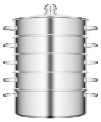Produktbild von Dampfgarer aus 304 Edelstahl - 5-stöckiger Dampftopf - Glasdeckel - Induktionsgeeignet - Höhe 46,5 cm - Ø 32 cm - Silber
