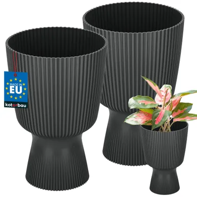 Produktbild von KOTARBAU® 2er Set Blumentopf ⌀ 14cm Orchideentopf Übertopf für Zimmerpflanzen Pflanzentopf mit Sockel Geriffelt Kelchform Kunststoff Pflanzkübel Schwary