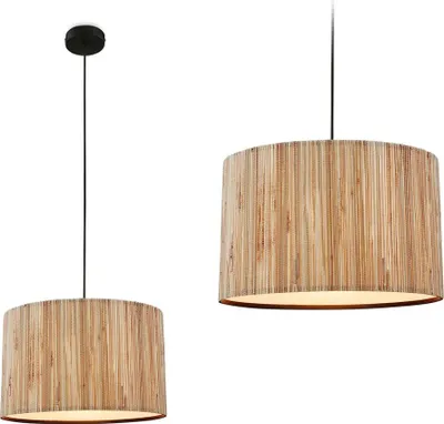 Two pendant lights with natural woven shades are shown against a white background.