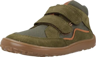 A single green and brown high-top shoe with two velcro straps.