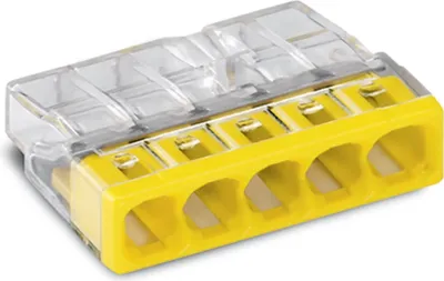 Immagine prodotto di Morsetto per scatola di derivazione Wago COMPACT a 5 poli max. 2,5 mm², trasparente/giallo, confezione da 100 pezzi.