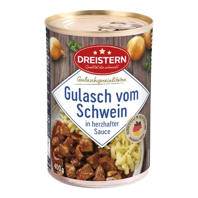 Produktbild von DREISTERN Gulasch vom Schwein in herzhafter Sauce 400g Ringpulldose / Konserve